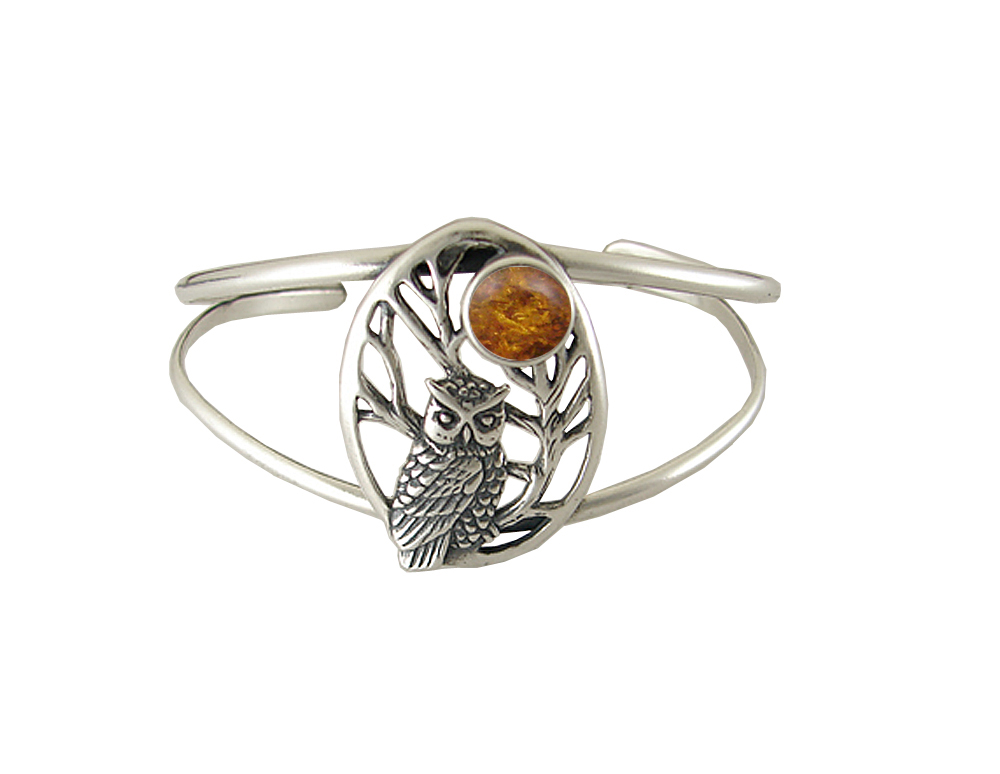 Sterling Silver Mystical Owl Cuff Bracelet With Amber